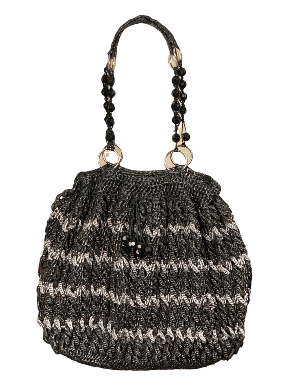 Recycled Plastic Crochet Yarn Black Silver Hobo Shoulder Bag Tote‎ Beaded Boho